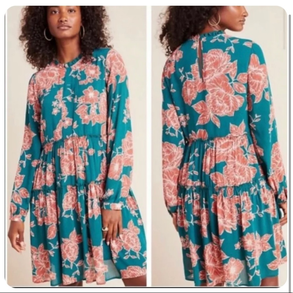 Anthropologie Teal Floral Tiered Long-Sleeve Dress